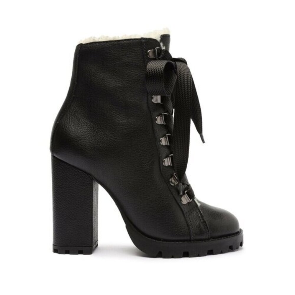 Schutz Zhara Winter Leather Bootie Black Leather Faux Fur Lining SZ 7.5 NEW